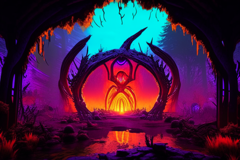 a colourful nether portal in a Fallout 76 swamp with monsters