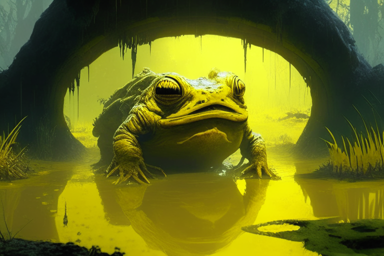 a yellow-toned nether portal in a Fallout 76 swamp with a giant gulper frog