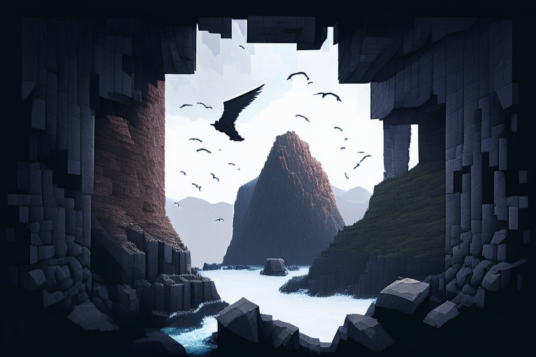 a nether portal on a mountainous cliff with seagulls/phantoms flying, in a Minecraft realism style with mostly grey tones