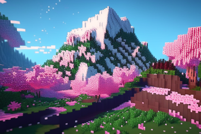 a Minecraft cherry blossom mountain landscape