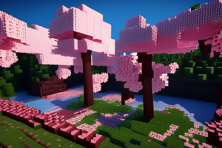 a Minecraft cherry blossom landscape