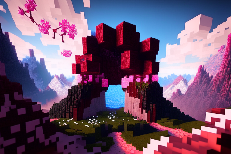 a Minecraft cherry blossom mountain landscape with a large nether portal up front