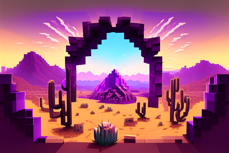 a Minecraft-style image with a nether portal radiating purple energy, surrounded by a desert with mountains, cactus, and thickets