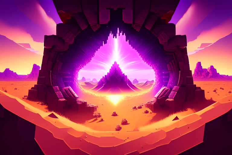 a Minecraft-style image with a nether portal radiating purple energy, surrounded by a desert