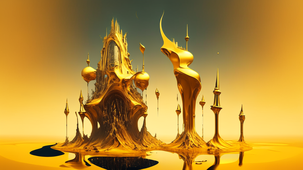 a distorted, elongated tower made of molten gold, surrounded by surreal landscapes, floating objects, and enigmatic figures, in the style of Salvador Dali, 4k