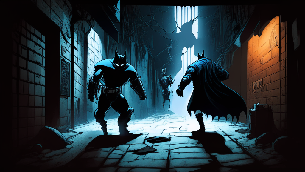 a hero and a villain fighting in a dark alley, with a graphic novel style, 4k