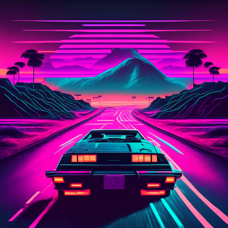 car driving on road synthwave