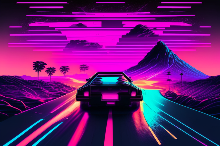 car driving on synthwave road. take out the car and replace it with a synthwave synthesizer