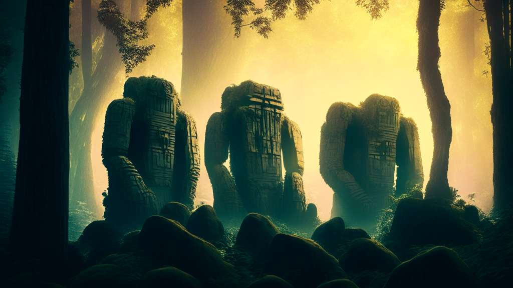 three sleeping megalithic golems amid dense mystical woodlands, with ancient and abandoned golem, in an intricate environment, opaque soft mist partially surrounding area, maximum detail, futurism art style, depth of field, vintage film, golden hour sunlight, luminous, in the style of the movie Total Recall