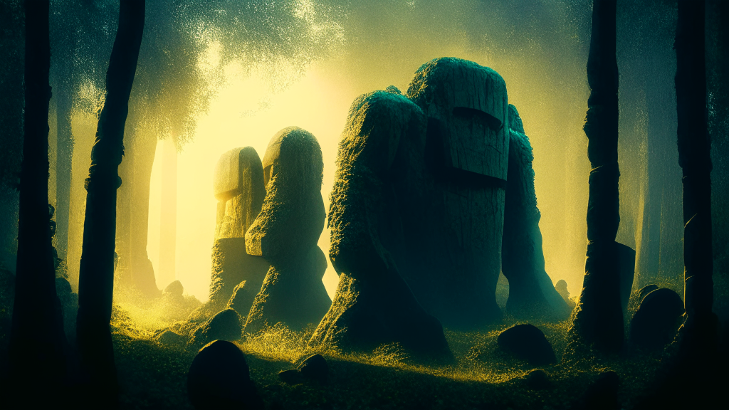 three sleeping megalithic golems amid dense mystical woodlands, with ancient and abandoned golem, in an intricate environment, opaque soft mist partially surrounding area, maximum detail, futurism art style, depth of field, vintage film, golden hour sunlight, luminous, in the style of the movie Total Recall