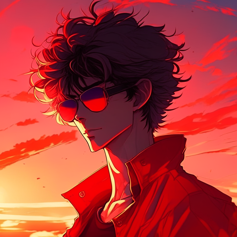 Background sunrise, handsome anime man, wear red sunglasses, 