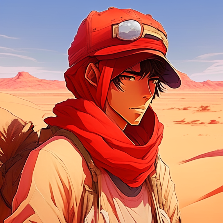 In the desert, handsome anime man, wear red circle cap, rid on the camel