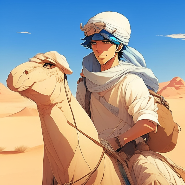 In the desert, handsome anime man, wear light blue cap, ride on the camel 🐫