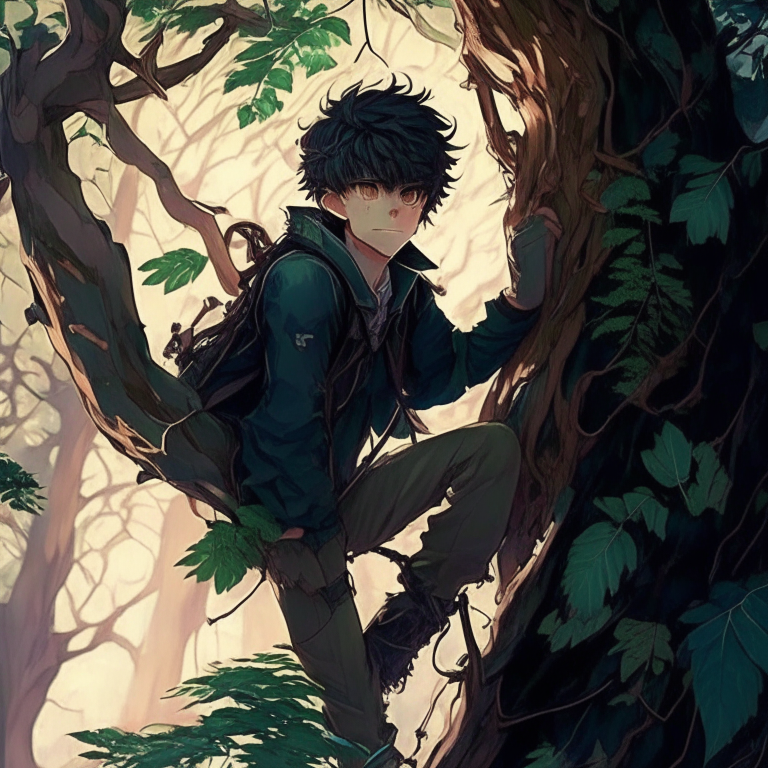 In the forest, handsome anime mawkli, climb the trees 