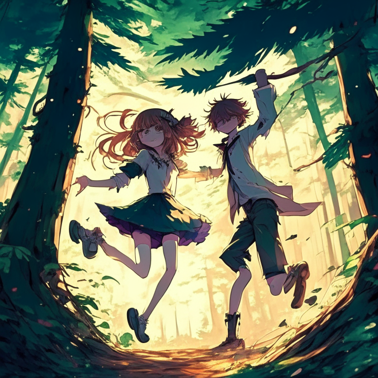 Background forest, tow lovers anime girl and boy, dance 