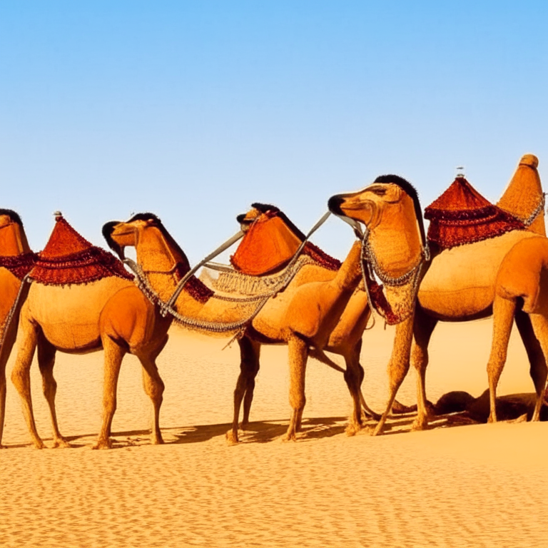 The caravan camels is going in the desert 