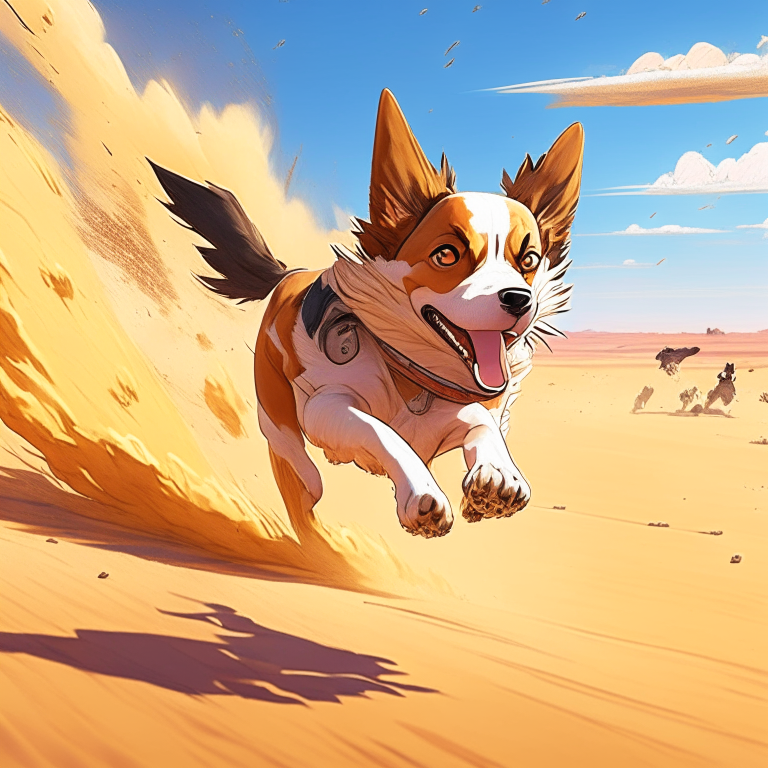 Anime dog run faster, in the desert 