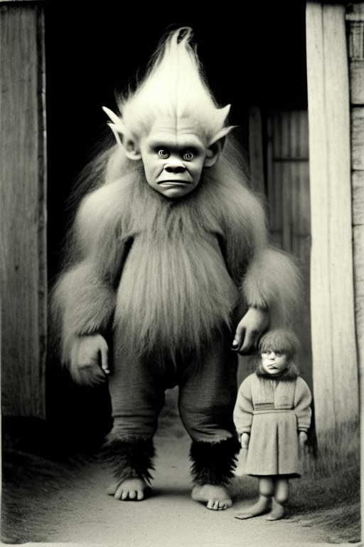 Generate a sephia photograph of a troll standing next to a Norwegian kid back in 1800's.