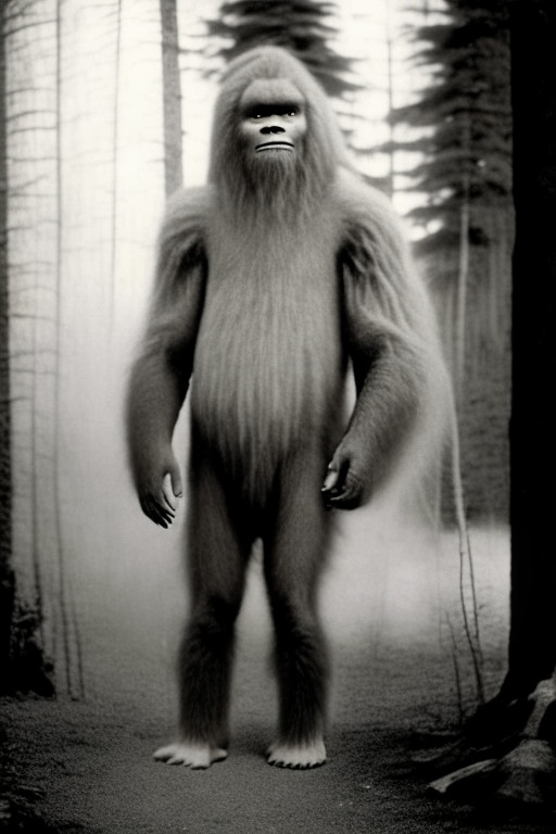 Generate a sephia photograph of a bigfoot standing next to a Norwegian kid back in 1800's.