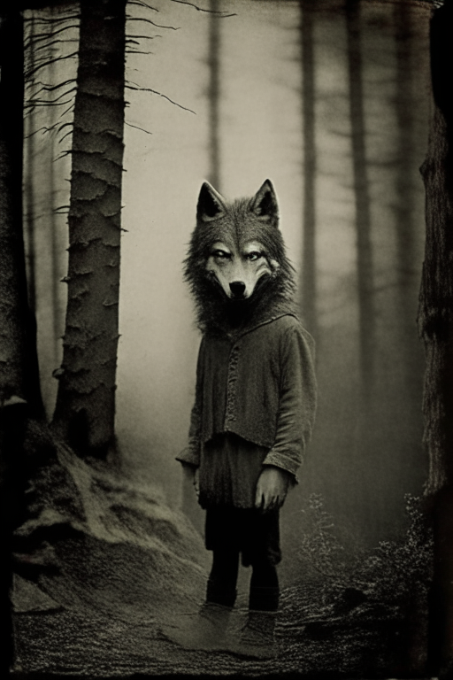 Generate a sephia photograph of a werewolf, next to a kid back in 1800's near the Balkan forests. Must be an eerie photo. 
