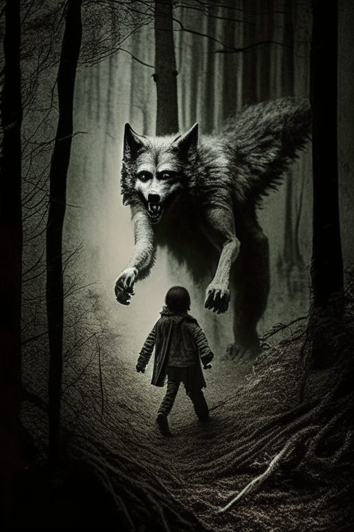 Generate a sephia photograph of a werewolf, n hunting a kid back in 1700s' Balkan forests. Must be an eerie photo. 