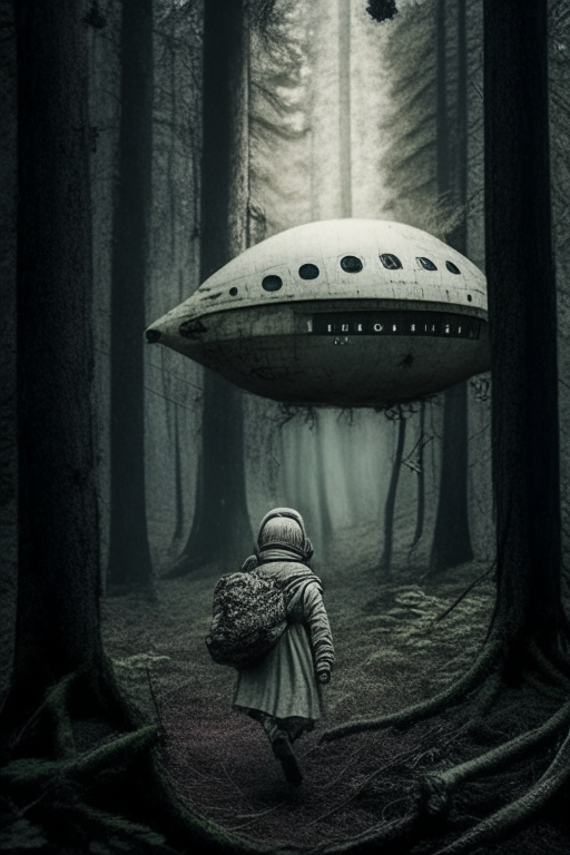 Generate a sephia photograph of a spaceship, kidnapping a kid back in 1800s' Balkan forests. Must be an eerie photo. 