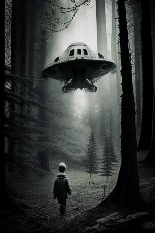 Generate a sephia photograph of a spaceship, abducting a kid back in 1800s' Balkan forests. Must be an eerie photo. 
