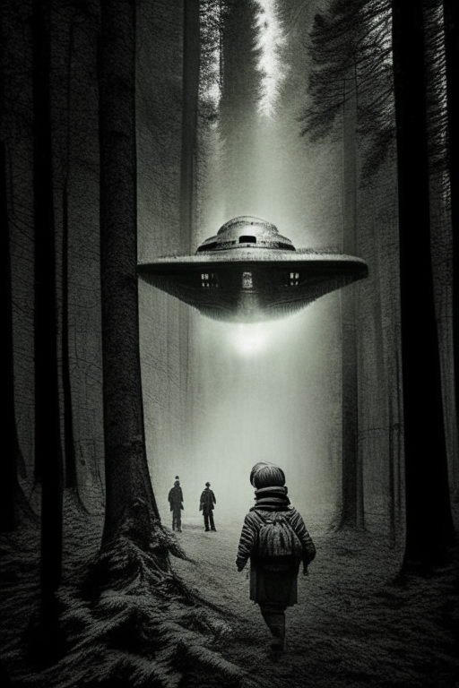 Generate a sephia photograph of a spaceship, abducting a kid back in 1800s' Balkan forests. Must be an eerie photo. 