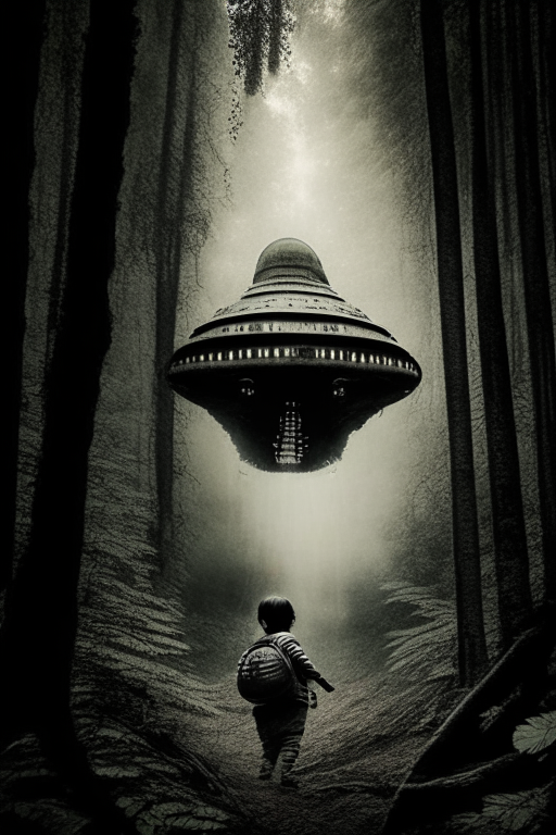 Generate a sephia photograph of a spaceship, abducting a kid back in 1800s' Indian forests. Must be an eerie photo. 