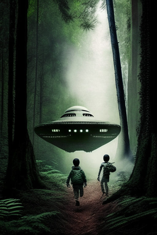 Generate a sephia photograph of a spaceship, abducting a kid back in 20,000 B.C. Indian forests. Must be an eerie photo. 
