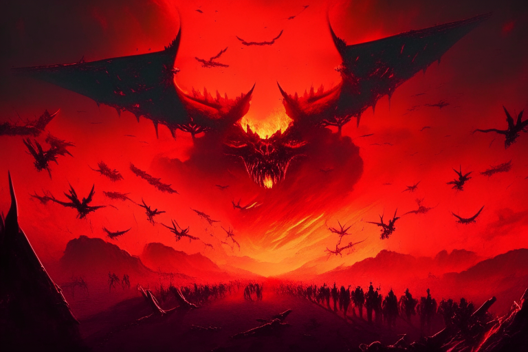 red sky full of demons in war