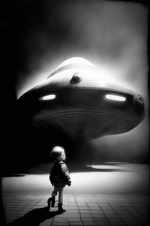 Generate an old sephia photograph of a spaceship, abducting a kid back in 20,000 B.C. Must be an eerie photo. 