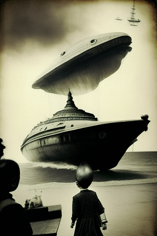 Generate an old sephia photograph of a spaceship, abducting a kid back in 1721 Malacca Straits. Must be an eerie photo. 