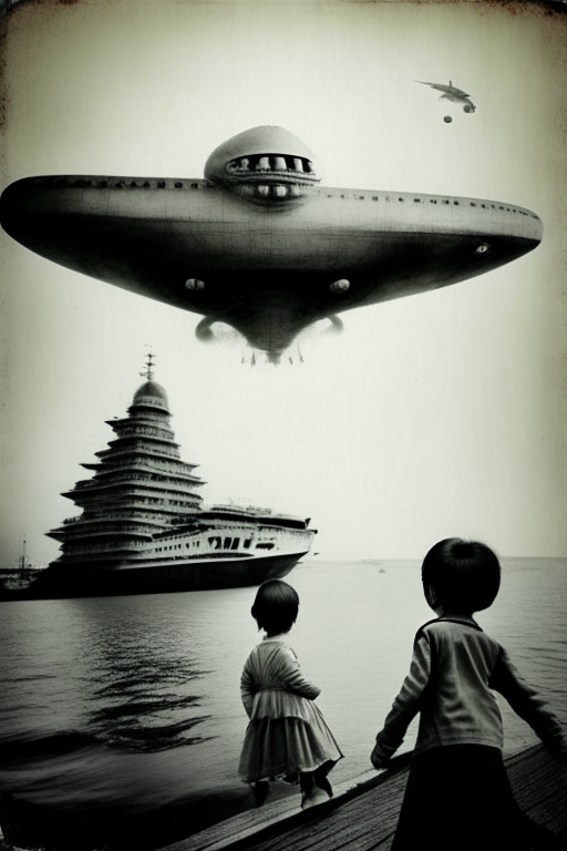 Generate an old sephia photograph of a spaceship, abducting a kid back in 1221 Malacca Straits. Must be an eerie photo. 