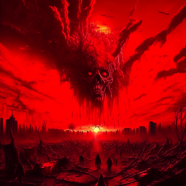 red sky, a lot of blood, full of demons, explotion, human been tortured, organs in all the place. add some spikes to the background