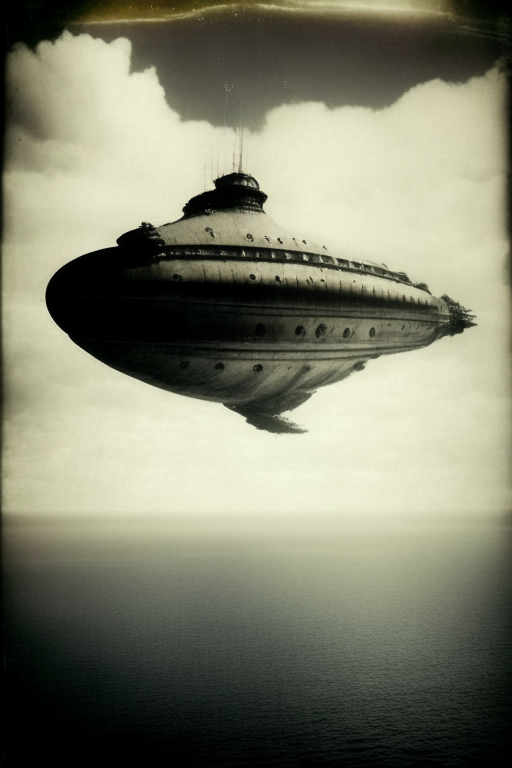 Generate an old sephia photograph of a spaceship, in 1221, above the Malacca Straits. Must be an eerie photo. 
