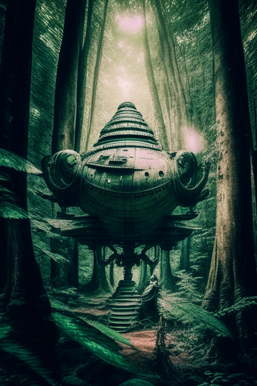 Generate an old sephia photograph of a spaceship, abducting Sita from the epic Ramayana , in the forest. Must be an eerie photo. 