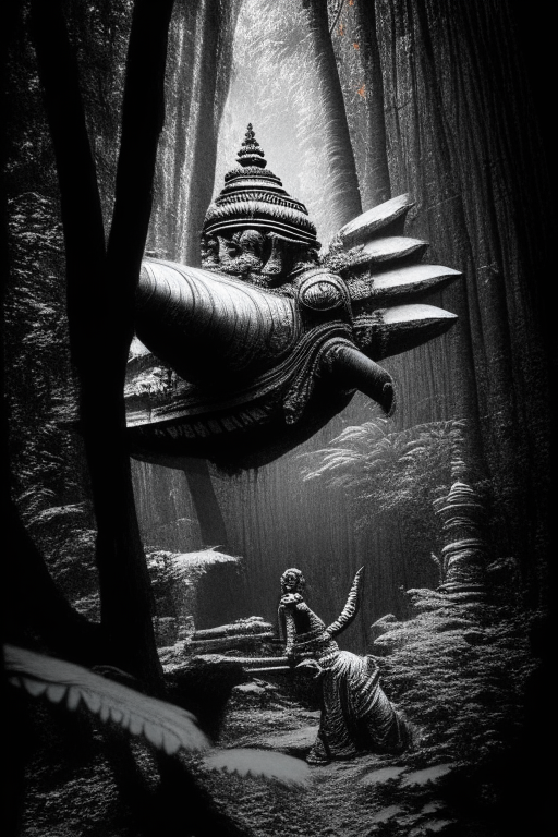Generate an old sephia photograph of a spaceship where Ravanaa is abducting Sita, from the ancient Hindu epic Ramayana , in the forest. Must be an eerie photo. 