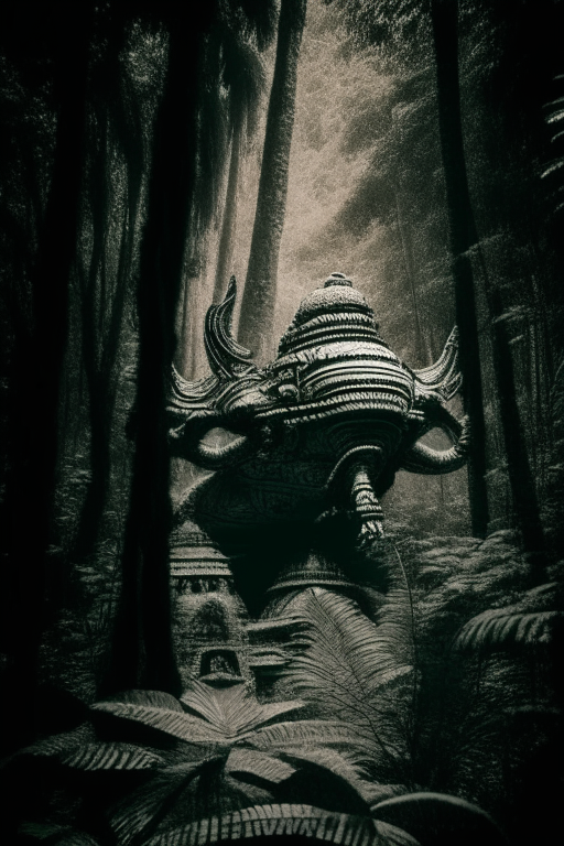 Generate an old sephia photograph of a spaceship where Ravana is abducting Sita, as told in the ancient Hindu epic Ramayana , in the forest. Must be an eerie photo. 