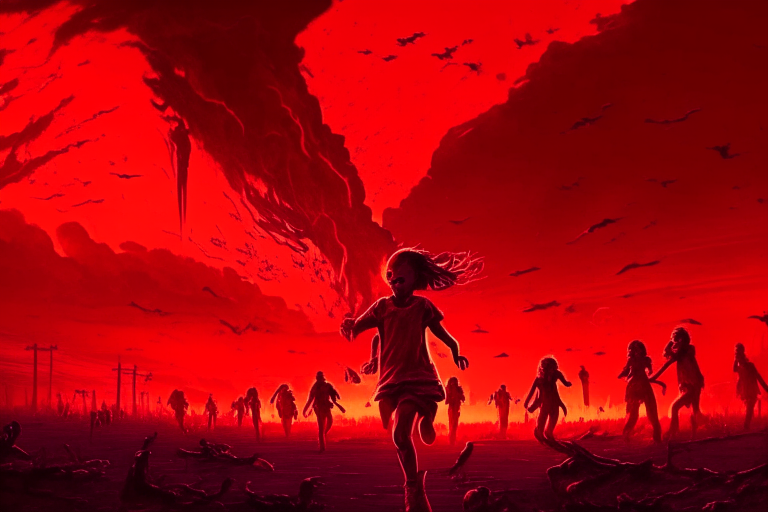 red sky, a lot of blood, full of demons, kids running, screaming humans, crying kids