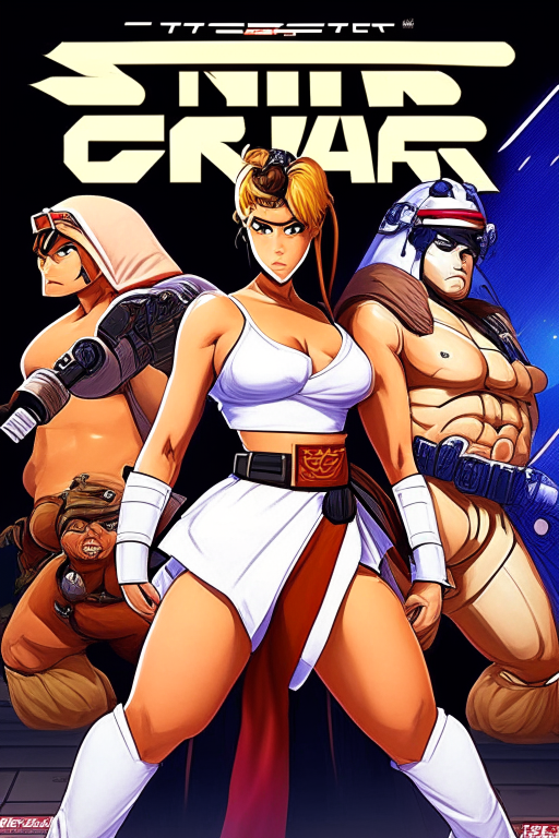 Generate a new street fighter the game poster, replacing the characters with star wars characters in skimpy outfits. 