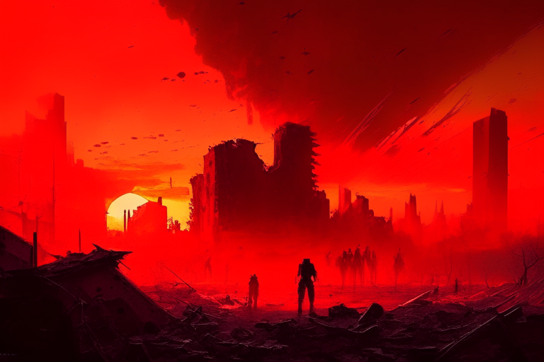 red sky, a lot of blood, ruin city, militars fighting, people dying, with a beautiful sunset in the background. Add a sunset