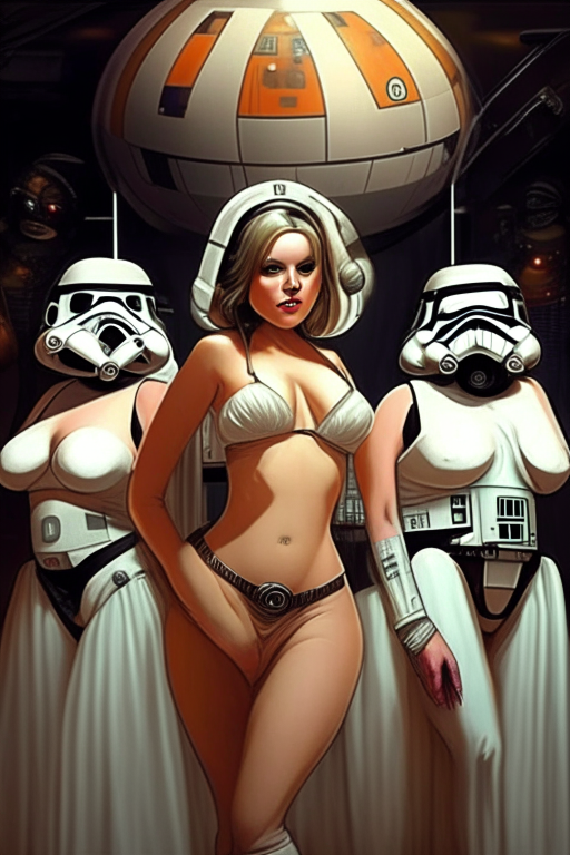 Generate a new artwork of the star wars characters as all voluptuous females in skimpy outfits, partying at the death star. 