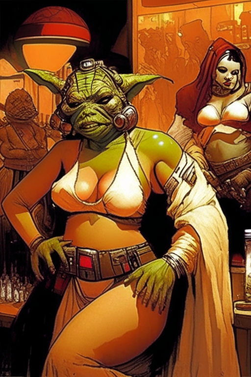 Generate a new artwork in Todd McFarlane's artwork style of all the star wars characters as voluptuous females in skimpy outfits, partying in the bar at Jabba's place. 