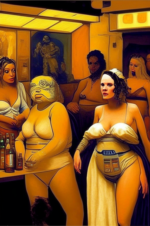 Generate a new artwork in Van Gough artwork style of all the star wars characters as voluptuous females in skimpy outfits, partying in the bar at Jabba's place. 