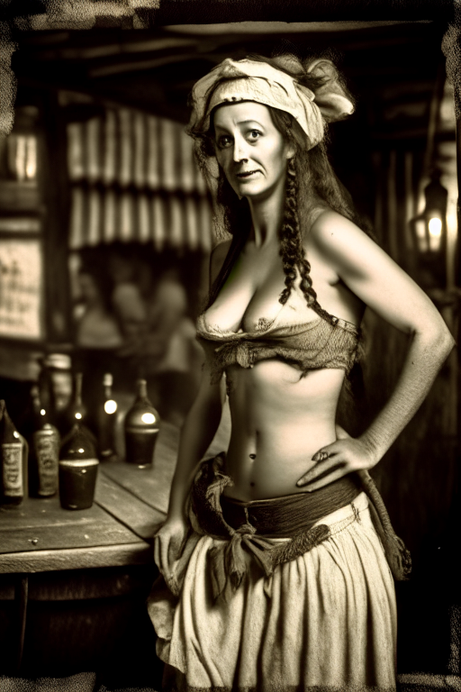 Generate an old photo using sephia photograph of a 1421 prostitute in skimpy outfit awaiting for pirates as her customers in a tavern. 