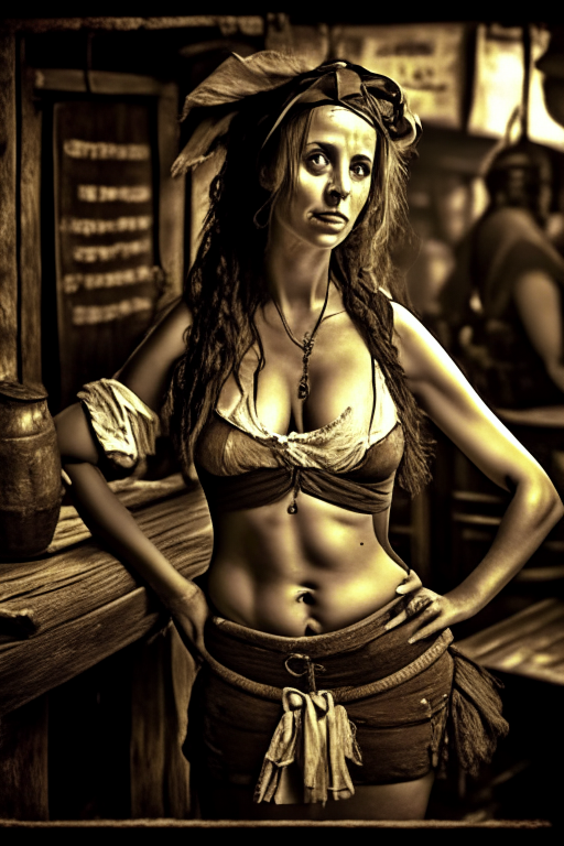 Generate an old rustic photo using sephia photograph of a 1221 prostitute in skimpy outfit awaiting for pirates as her customers in a tavern. 