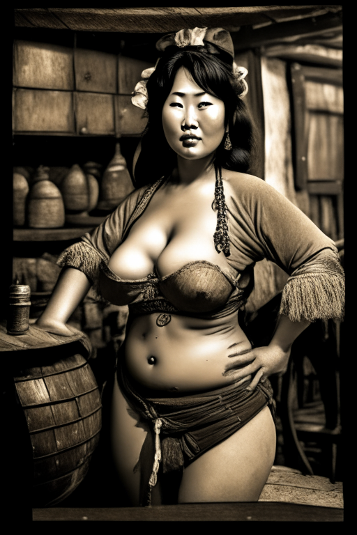 Generate an old rustic photo using sephia photograph of a 1221 voluptuous Asian prostitute in skimpy outfit awaiting for pirates as her customers in a tavern. 