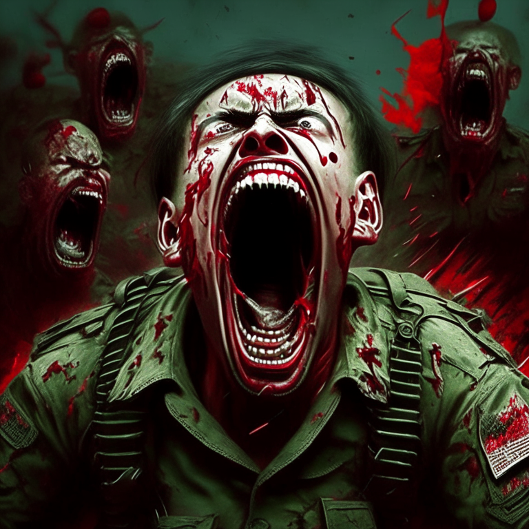 militar screaming, alot of blood ,organs, demons