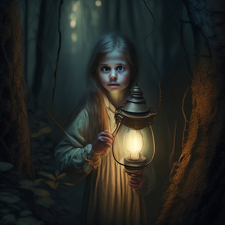 a girl holding lamp in forest